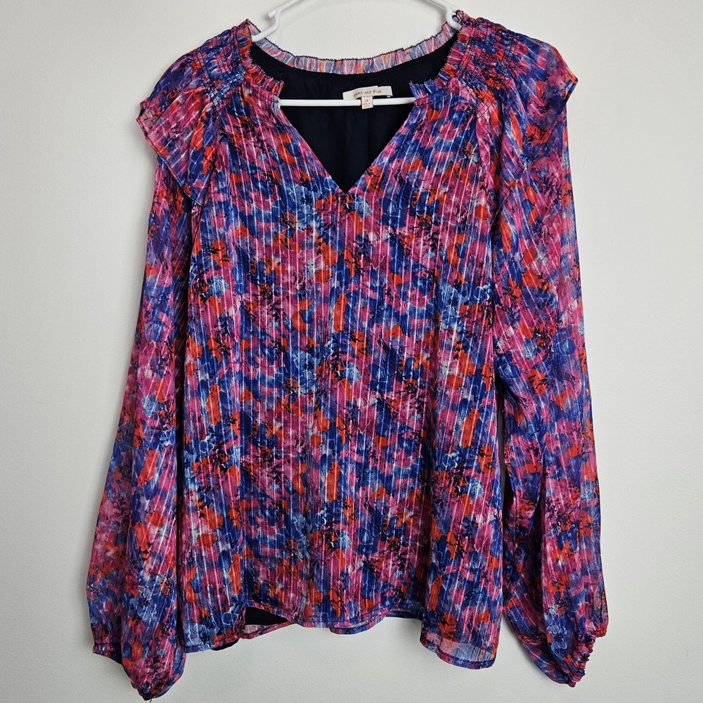 Skies Are‎ Blue Womens Blouse Sz M Pink Blue Floral Smocked Ruffle Longsleeve